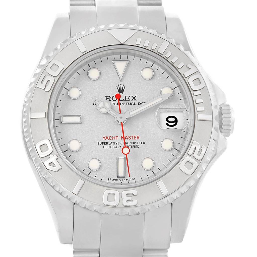 The image shows the face and bezel of a Rolex Yacht-Master 168622 Men's Stainless Steel Silver Dial 168622 Men's Stainless Steel Silver Dial watch, highlighting the dial, hands, date window, and bracelet.