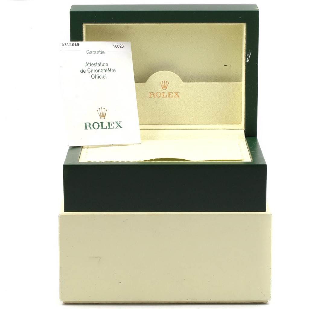 This image shows an open Rolex Yacht-Master 16623 Men's Stainless Steel Grey Dial 16623 Men's Stainless Steel Grey Dial watch box and warranty card from a frontal angle.