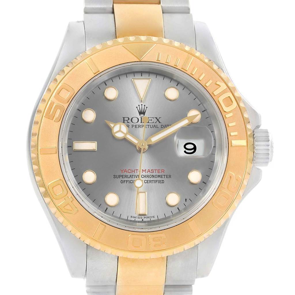 This image shows a Rolex Yacht-Master 16623 Men's Stainless Steel Grey Dial 16623 Men's Stainless Steel Grey Dial watch from a front angle, highlighting the dial, bezel, and part of the band.