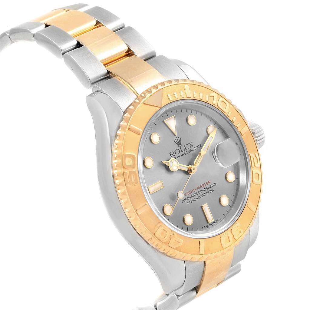 This image shows a Rolex Yacht-Master 16623 Men's Stainless Steel Grey Dial 16623 Men's Stainless Steel Grey Dial watch from a front angle, highlighting its dial, bezel, and two-tone bracelet.