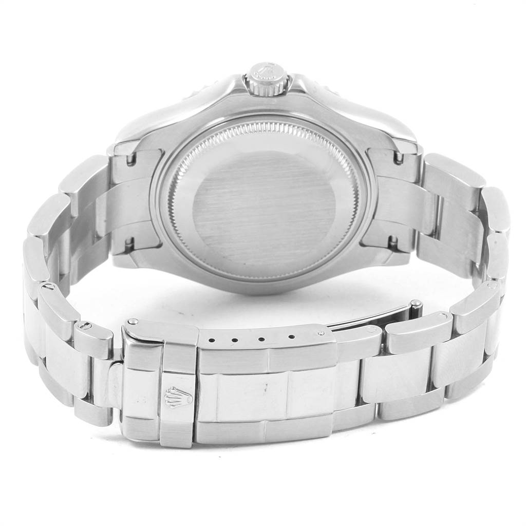 The image shows the back view of a Rolex Yacht-Master 168622 Men
s Stainless Steel Silver Dial 168622 Men
s Stainless Steel Silver Dial watch, highlighting the case back, crown, and stainless steel bracelet with clasp.