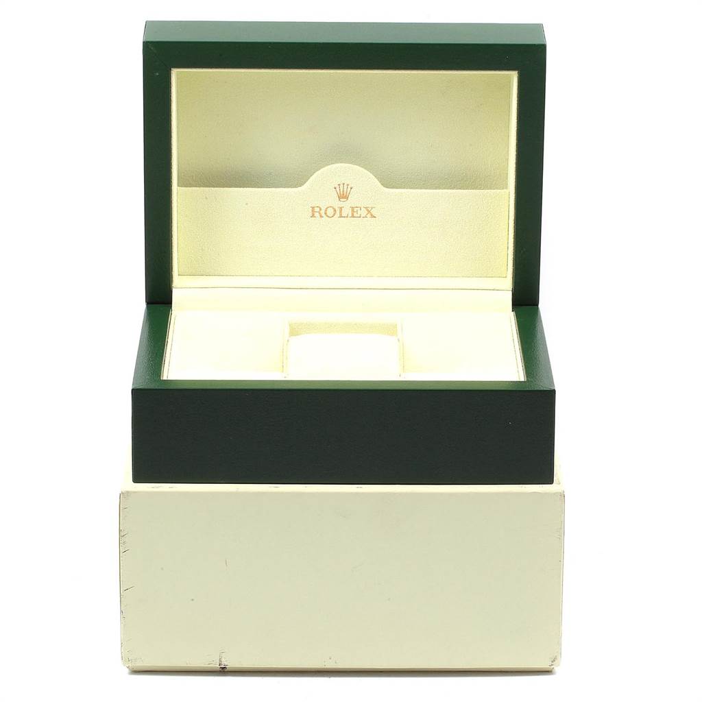 The image shows an open green and cream Rolex Yacht-Master 168622 Men
s Stainless Steel Silver Dial 168622 Men
s Stainless Steel Silver Dial watch box from a front angle.