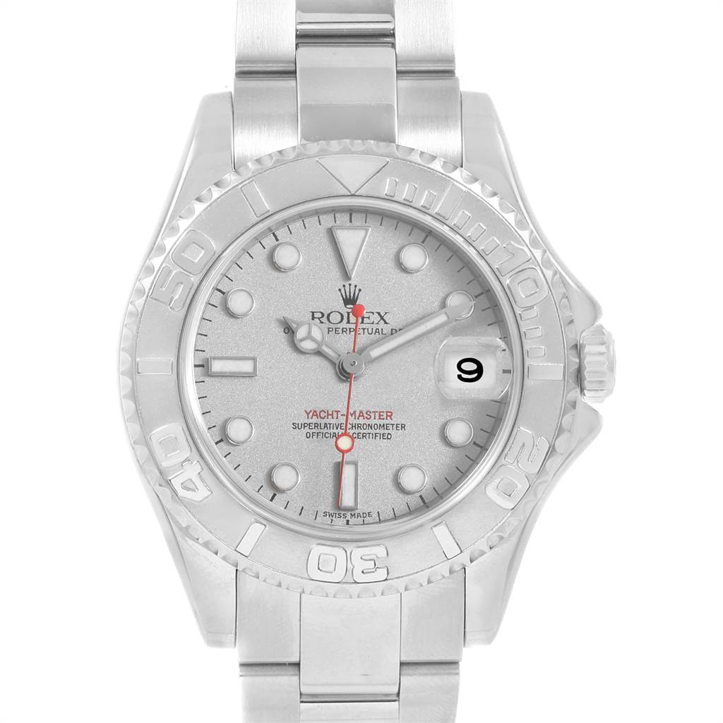 The image shows a frontal view of a Rolex Yacht-Master 168622 Men
s Stainless Steel Silver Dial 168622 Men
s Stainless Steel Silver Dial watch, highlighting its dial, bezel, and part of the bracelet.