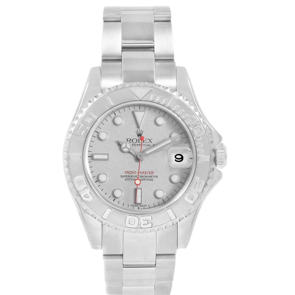 This image shows a front view of a Rolex Yacht-Master 168622 Men
s Stainless Steel Silver Dial 168622 Men
s Stainless Steel Silver Dial watch, displaying the dial, bezel, bracelet, and crown.