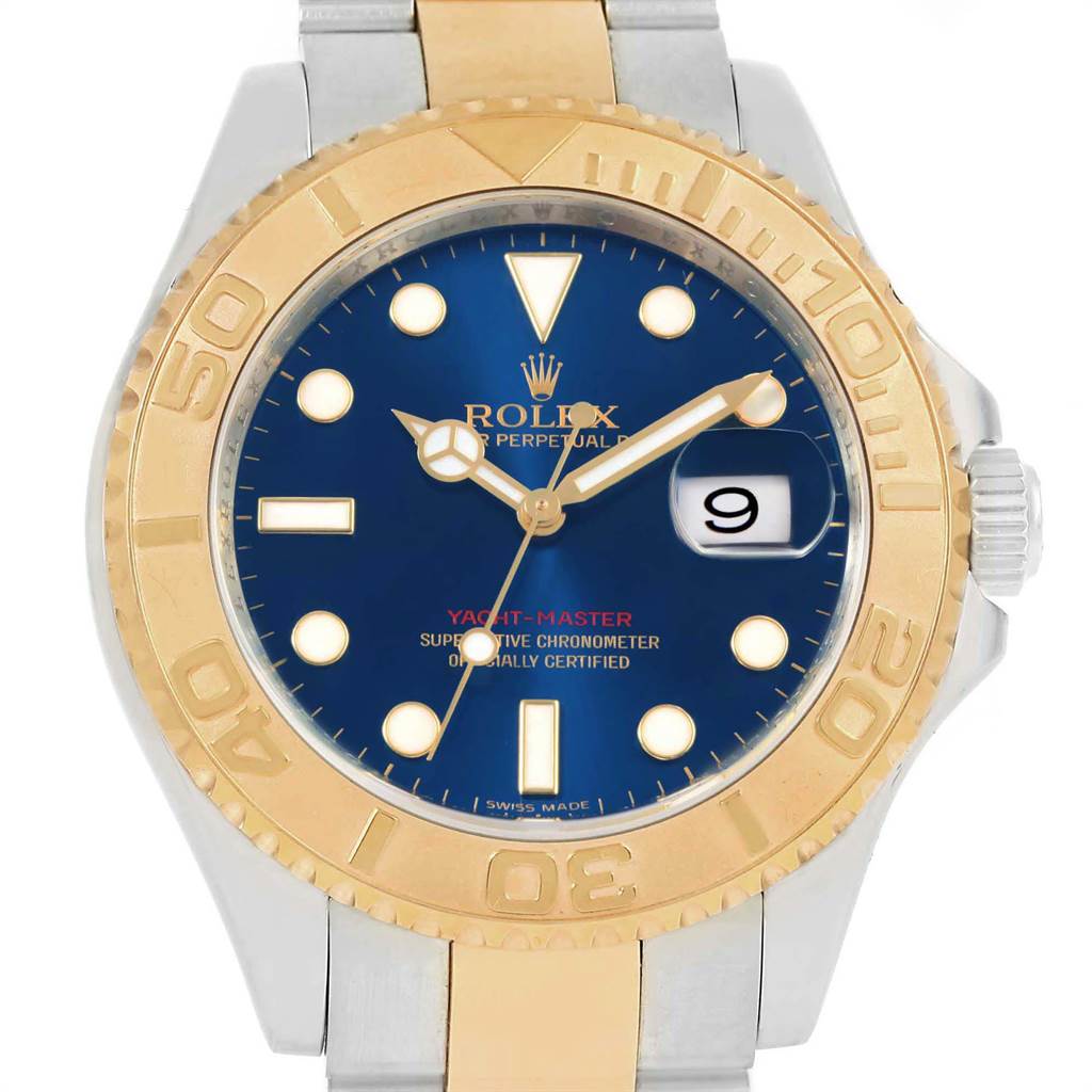 This Rolex Yacht-Master 16623 Men's Stainless Steel Blue Dial 16623 Men's Stainless Steel Blue Dial watch is shown from a front angle, highlighting its blue dial, gold bezel, and two-tone bracelet.