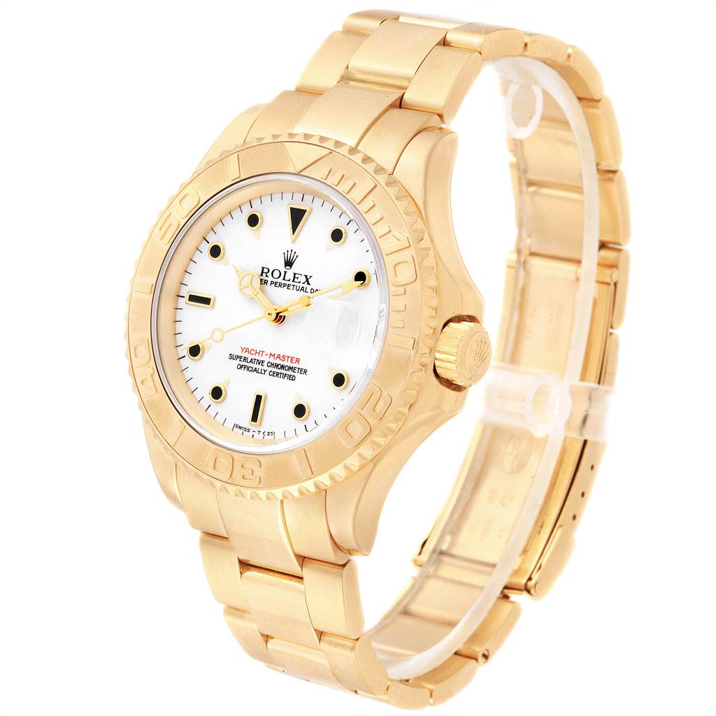 This Rolex Yacht-Master 16628 Men's Yellow Gold White Dial 16628 Men's Yellow Gold White Dial watch is shown from a three-quarter angle, displaying the face, bezel, and bracelet.