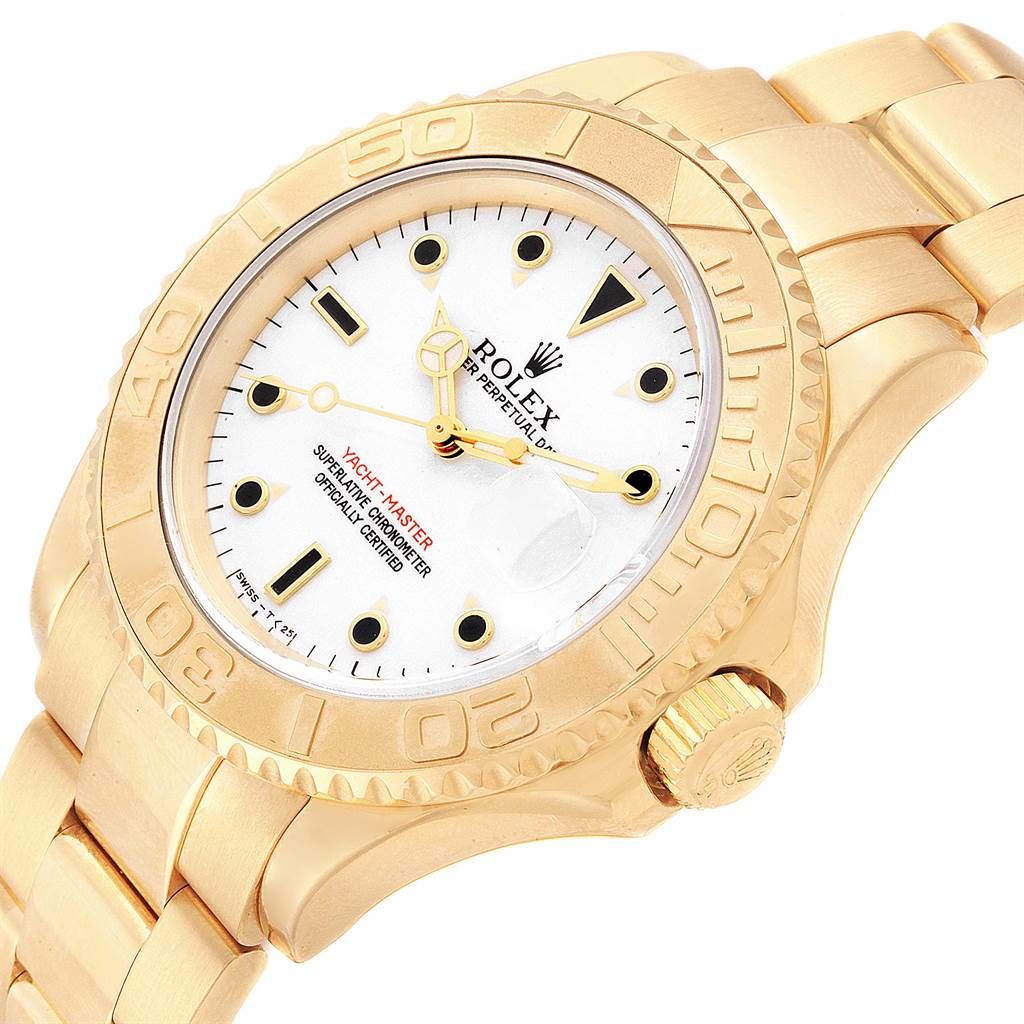 The image shows a gold Rolex Yacht-Master 16628 Men's Yellow Gold White Dial 16628 Men's Yellow Gold White Dial watch at a slightly tilted angle, highlighting the face, bezel, and bracelet.