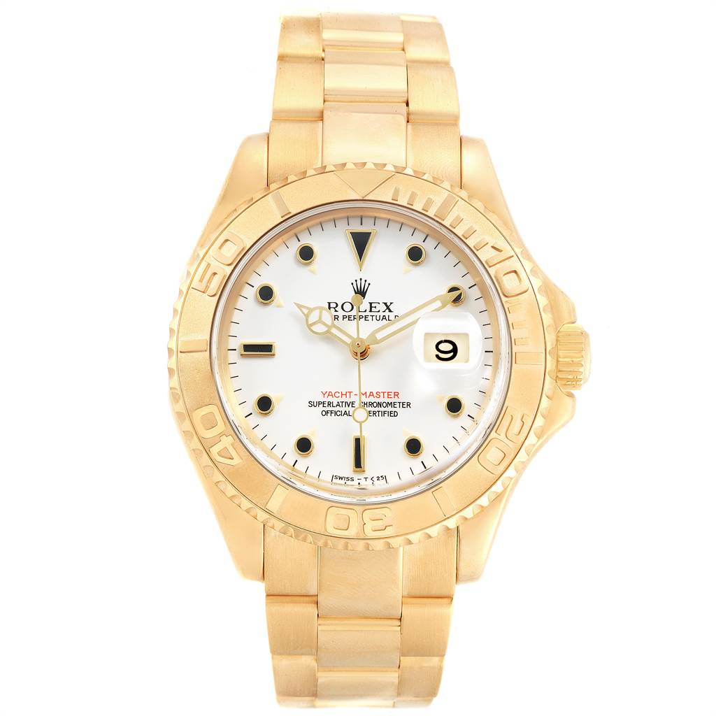 The Rolex Yacht-Master 16628 Men's Yellow Gold White Dial 16628 Men's Yellow Gold White Dial watch shown is viewed from the front, displaying its gold case, white dial, and bracelet.