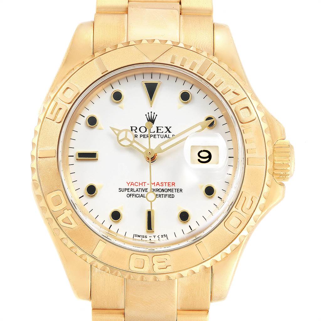 The image shows a front view of the Rolex Yacht-Master 16628 Men's Yellow Gold White Dial 16628 Men's Yellow Gold White Dial watch, highlighting its face, bezel, and part of the bracelet.