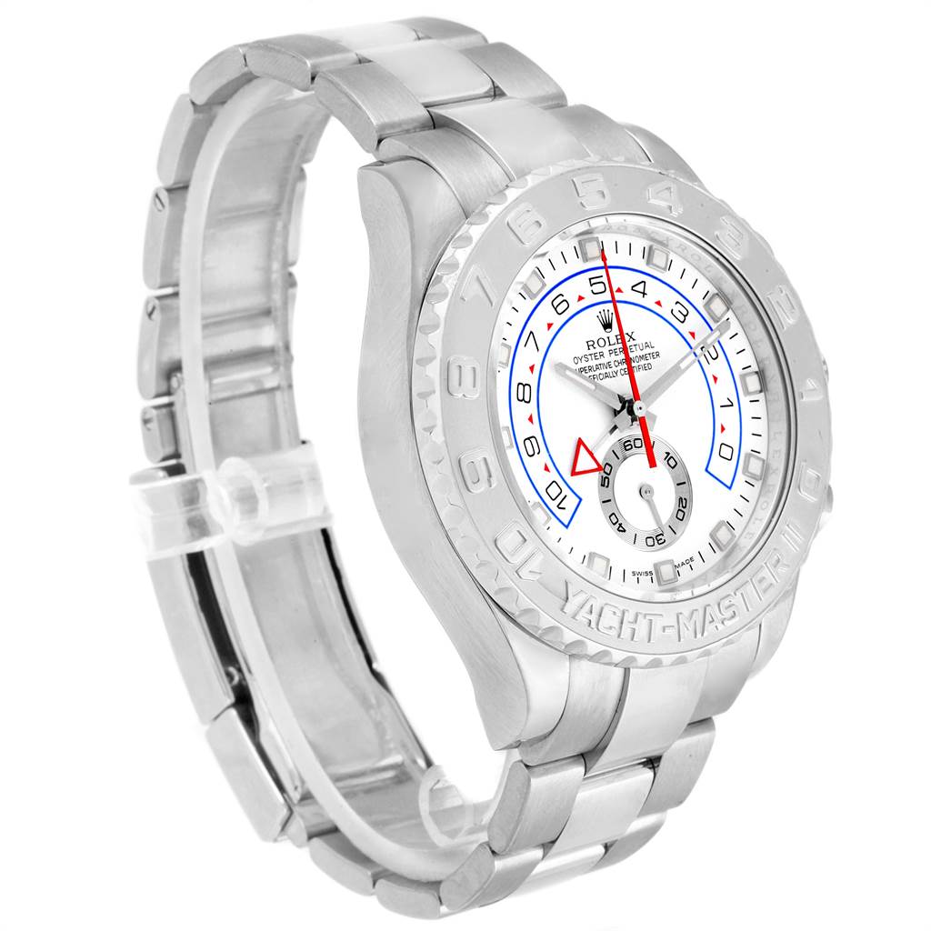 The Rolex Yacht-Master 116689 Men's White Gold White Dial 116689 Men's White Gold White Dial watch is shown at a three-quarter angle, highlighting its white dial, bezel, and bracelet.