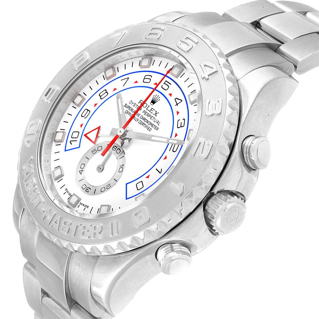 This image shows a side angle of the Rolex Yacht-Master 116689 Men's White Gold White Dial 116689 Men's White Gold White Dial watch highlighting the face, bezel, crown, and part of the bracelet.