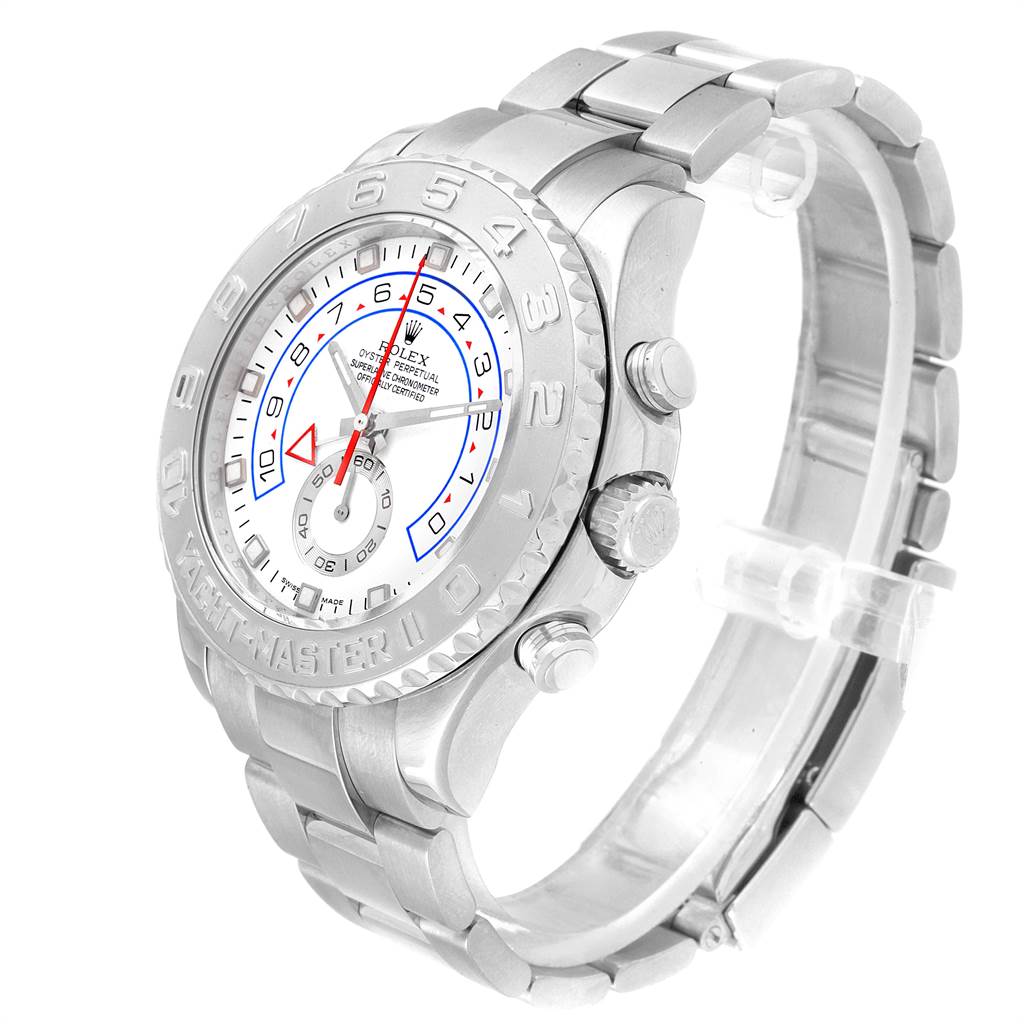 The image shows a side angle of the Rolex Yacht-Master 116689 Men's White Gold White Dial 116689 Men's White Gold White Dial watch, focusing on the bezel, dial, crown, and bracelet.