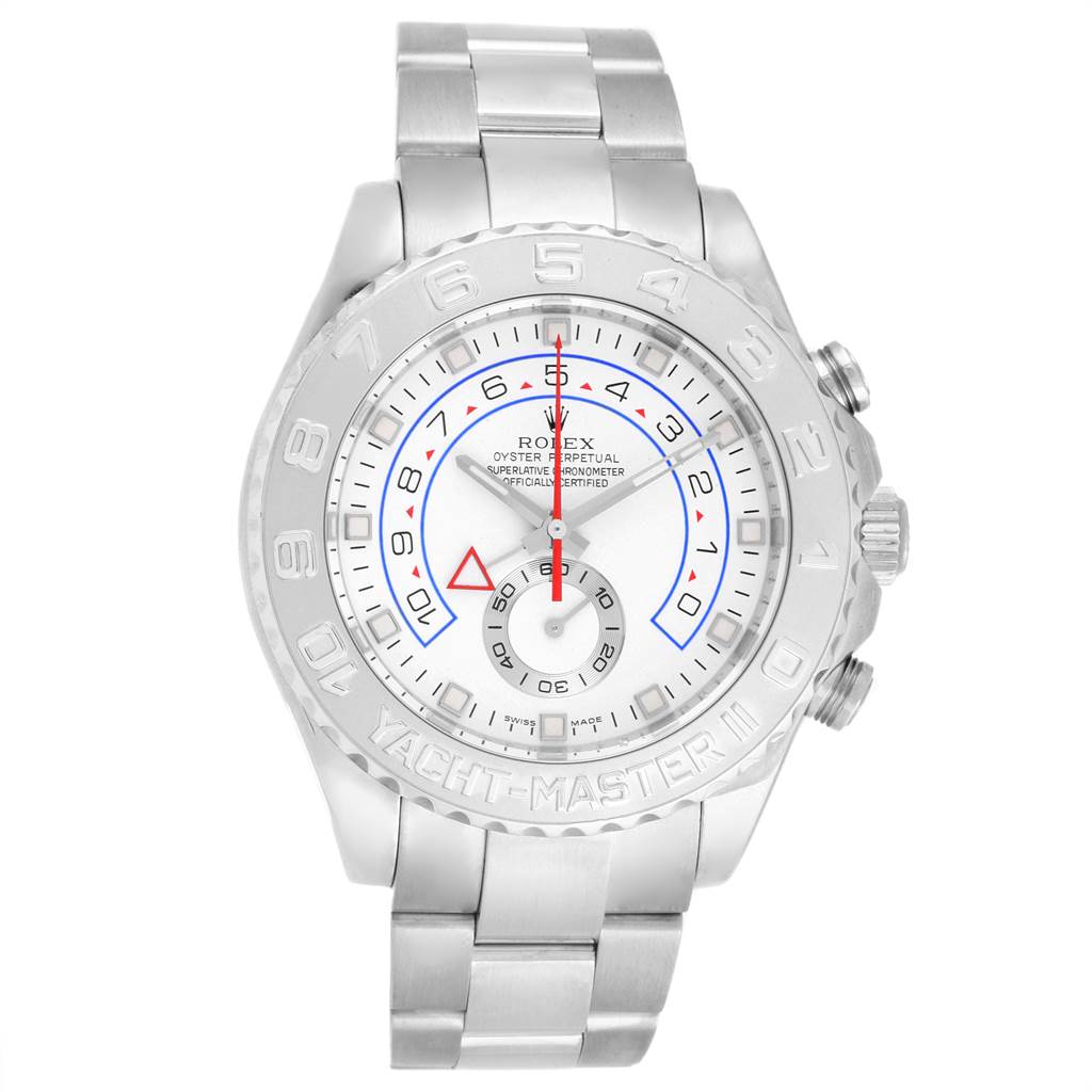 The image shows a Rolex Yacht-Master 116689 Men's White Gold White Dial 116689 Men's White Gold White Dial watch from a front angle, highlighting its face, bezel, and bracelet.