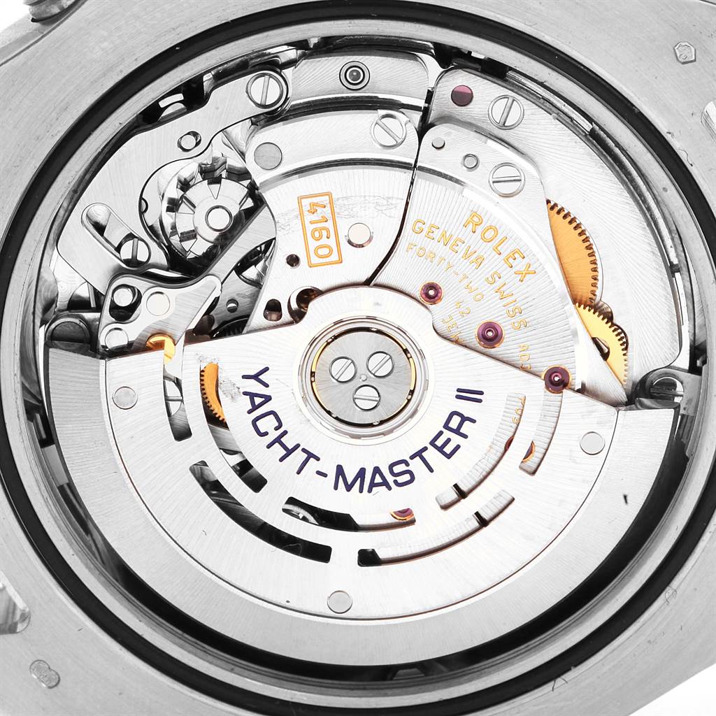 This image shows the movement and inner mechanism of a Rolex Yacht-Master 116689 Men's White Gold White Dial 116689 Men's White Gold White Dial II watch from a close-up, top-down angle.