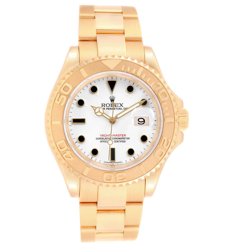 This is a frontal view of the Rolex Yacht-Master 16628 Men's Yellow Gold White Dial 16628 Men's Yellow Gold White Dial watch, showing the dial, bezel, bracelet, and crown.