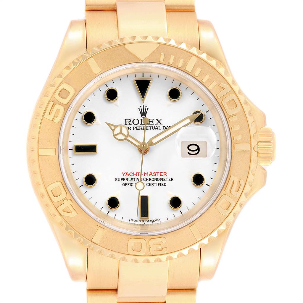 The Rolex Yacht-Master 16628 Men's Yellow Gold White Dial 16628 Men's Yellow Gold White Dial watch is shown from a front angle, highlighting its dial, bezel, and bracelet.