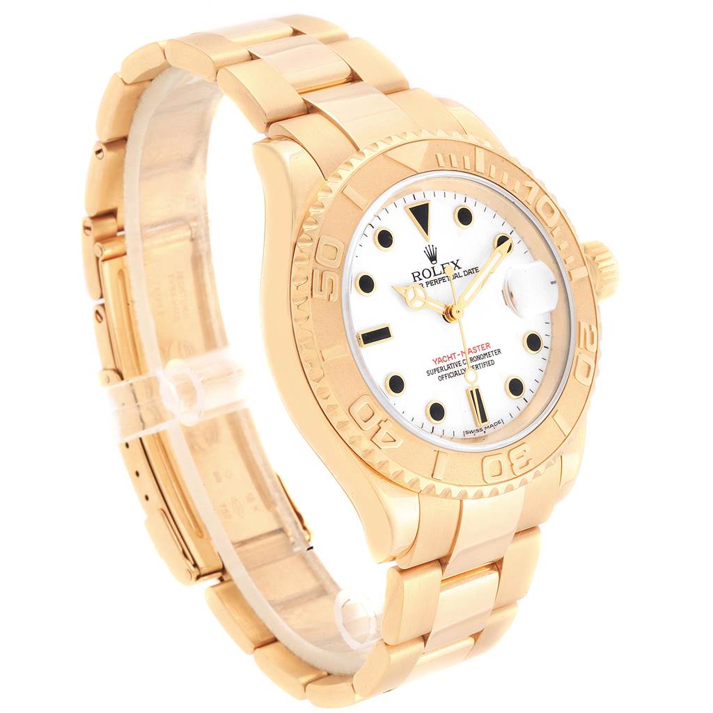This image showcases a side angle of a Rolex Yacht-Master 16628 Men's Yellow Gold White Dial 16628 Men's Yellow Gold White Dial watch, highlighting its golden bracelet, bezel, and white dial.