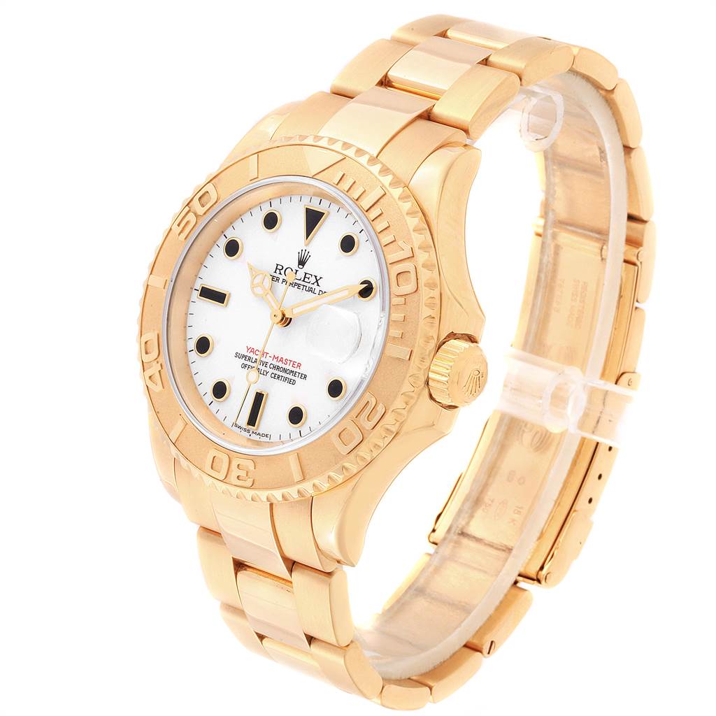 The Rolex Yacht-Master 16628 Men's Yellow Gold White Dial 16628 Men's Yellow Gold White Dial watch is shown at a three-quarter angle, highlighting its gold case, bezel, bracelet, and white dial.