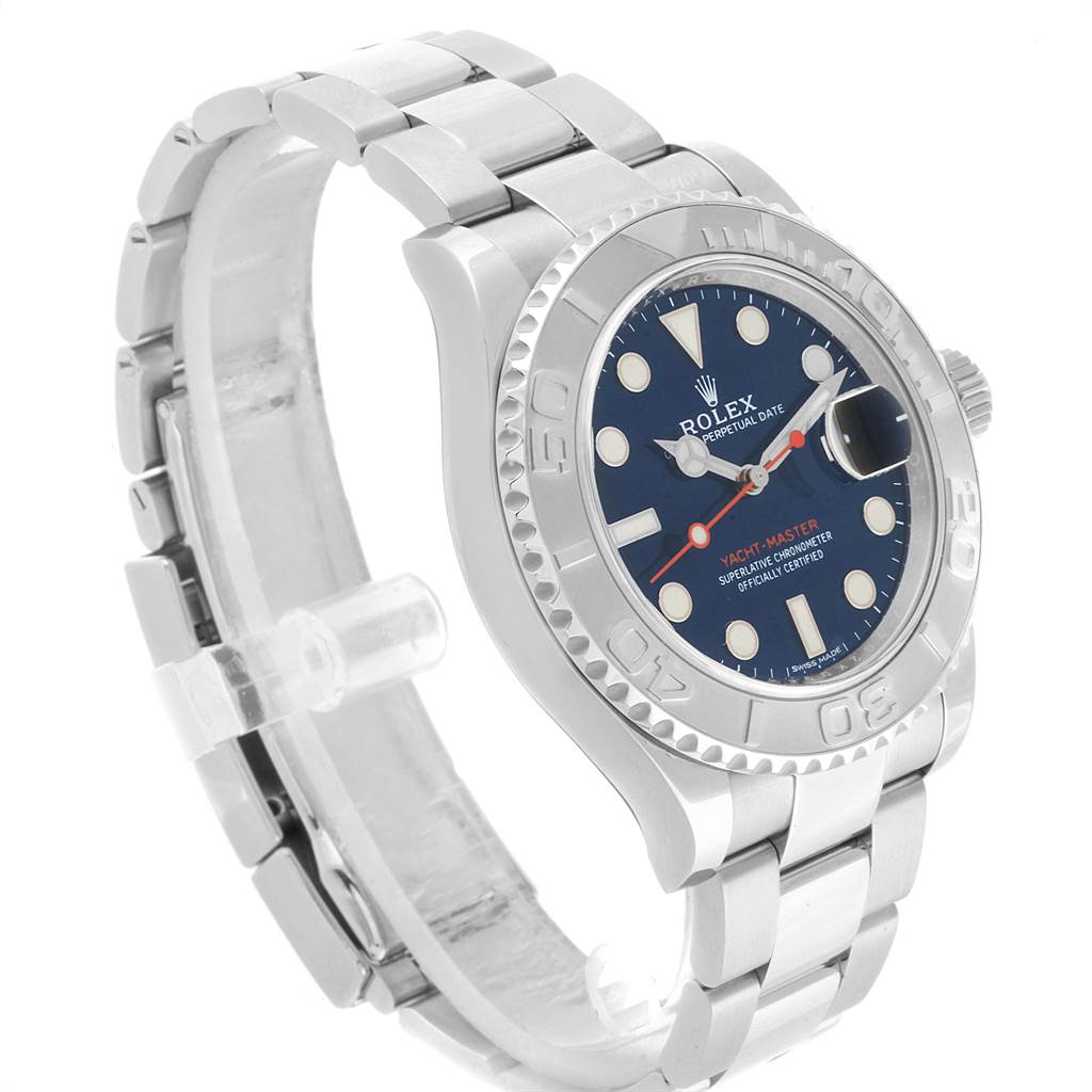 This Rolex Yacht-Master 116622 Men's Stainless Steel Blue Dial 116622 Men's Stainless Steel Blue Dial watch is shown at a three-quarter angle, displaying the face, bezel, crown, and part of the strap.