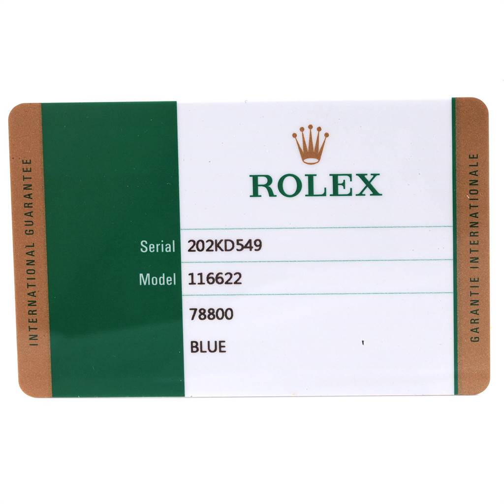 This image shows a Rolex warranty card for the Yacht-Master model 116622, including serial number 202KD549 and the color blue.