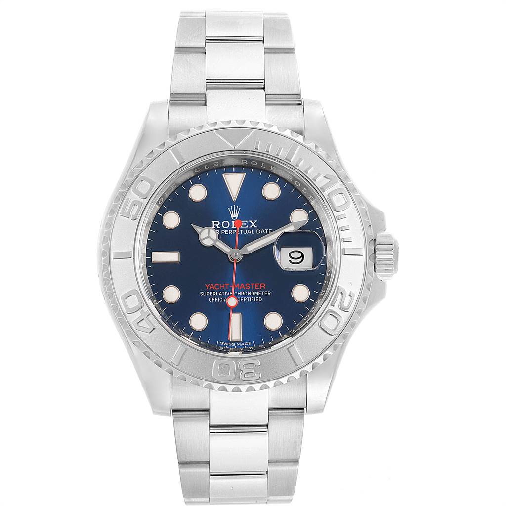 This image shows a front view of the Rolex Yacht-Master 116622 Men's Stainless Steel Blue Dial 116622 Men's Stainless Steel Blue Dial watch, highlighting its blue dial, bezel, and bracelet.