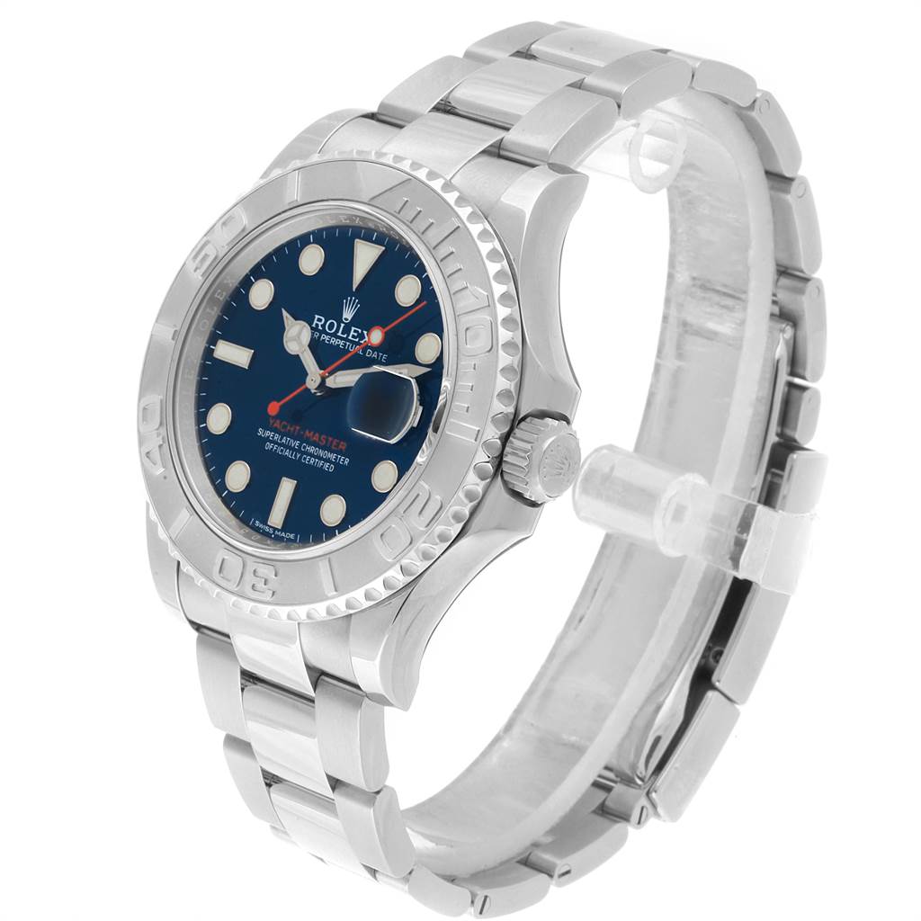 The image shows a side angle of the Rolex Yacht-Master 116622 Men's Stainless Steel Blue Dial 116622 Men's Stainless Steel Blue Dial watch, highlighting its face, bezel, crown, and bracelet.