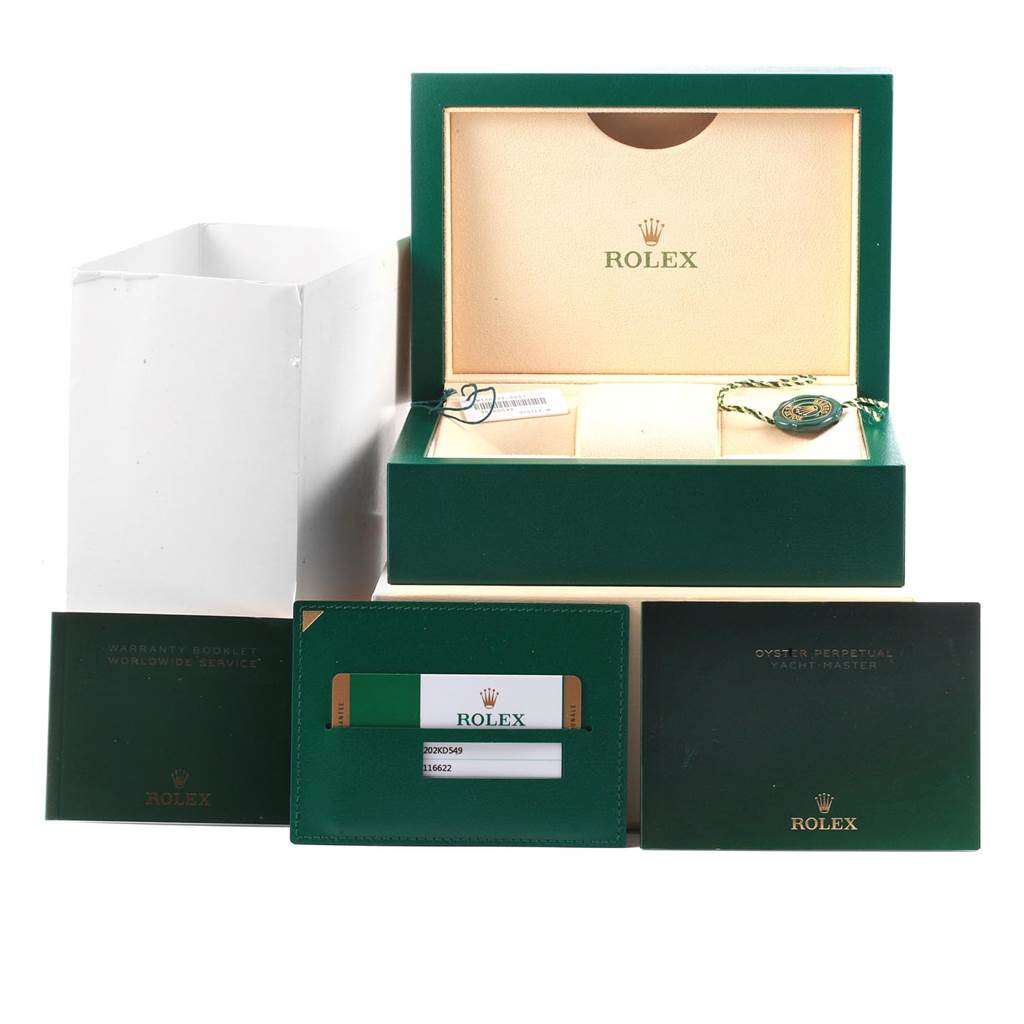 The image shows the packaging, warranty booklet, and certificate card of a Rolex Yacht-Master 116622 Men's Stainless Steel Blue Dial 116622 Men's Stainless Steel Blue Dial watch.