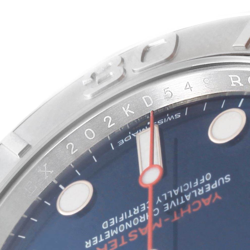 The close-up angle shows the bezel, dial, and part of the hands of a Rolex Yacht-Master 116622 Men's Stainless Steel Blue Dial 116622 Men's Stainless Steel Blue Dial watch.