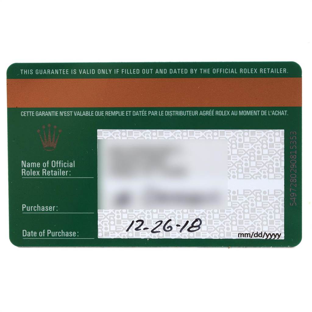 This is an image of a guarantee card for the Rolex Yacht-Master 116622 Men's Stainless Steel Blue Dial 116622 Men's Stainless Steel Blue Dial model, showing the date of purchase and retailer information.