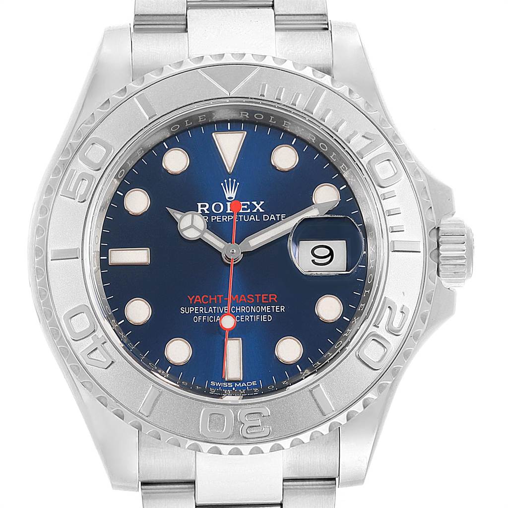 The image shows a front view of a Rolex Yacht-Master 116622 Men's Stainless Steel Blue Dial 116622 Men's Stainless Steel Blue Dial watch, displaying the dial, bezel, and part of its metal bracelet.