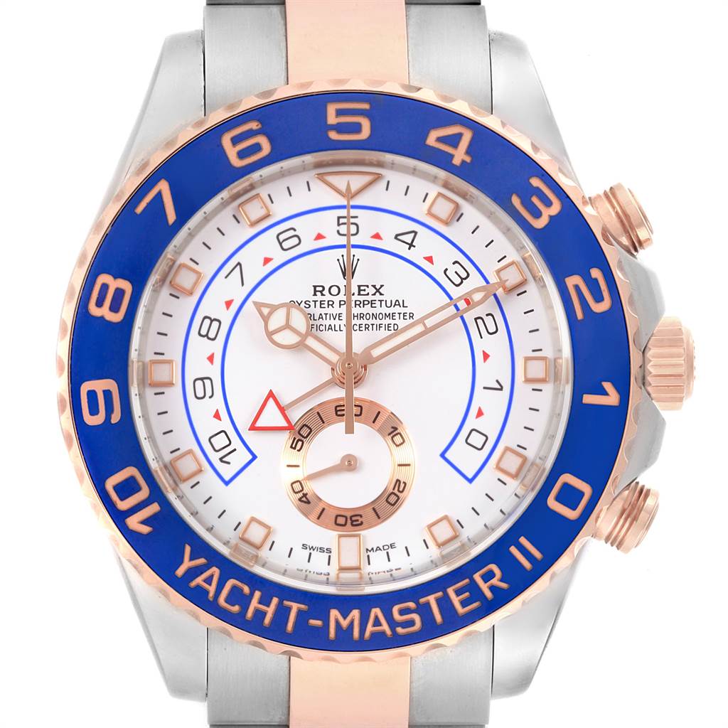 This image displays a front view of a Rolex Yacht-Master 116681 Men
s Steel and Gold (two tone) White Dial 116681 Men
s Steel and Gold (two tone) White Dial watch, highlighting its dial, bezel, and crown.