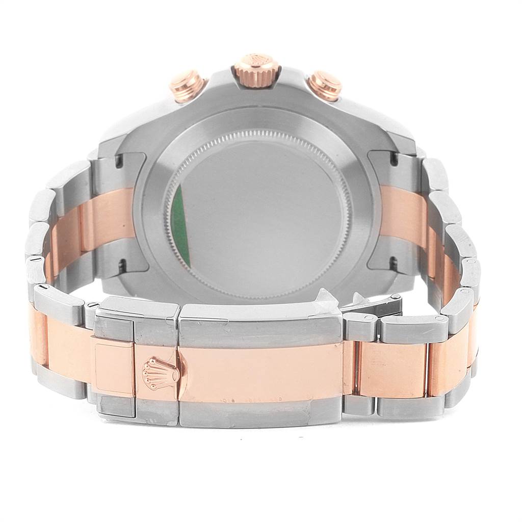 The image shows the back view of a Rolex Yacht-Master 116681 Men
s Steel and Gold (two tone) White Dial 116681 Men
s Steel and Gold (two tone) White Dial watch, highlighting the case, crown, band, and clasp.
