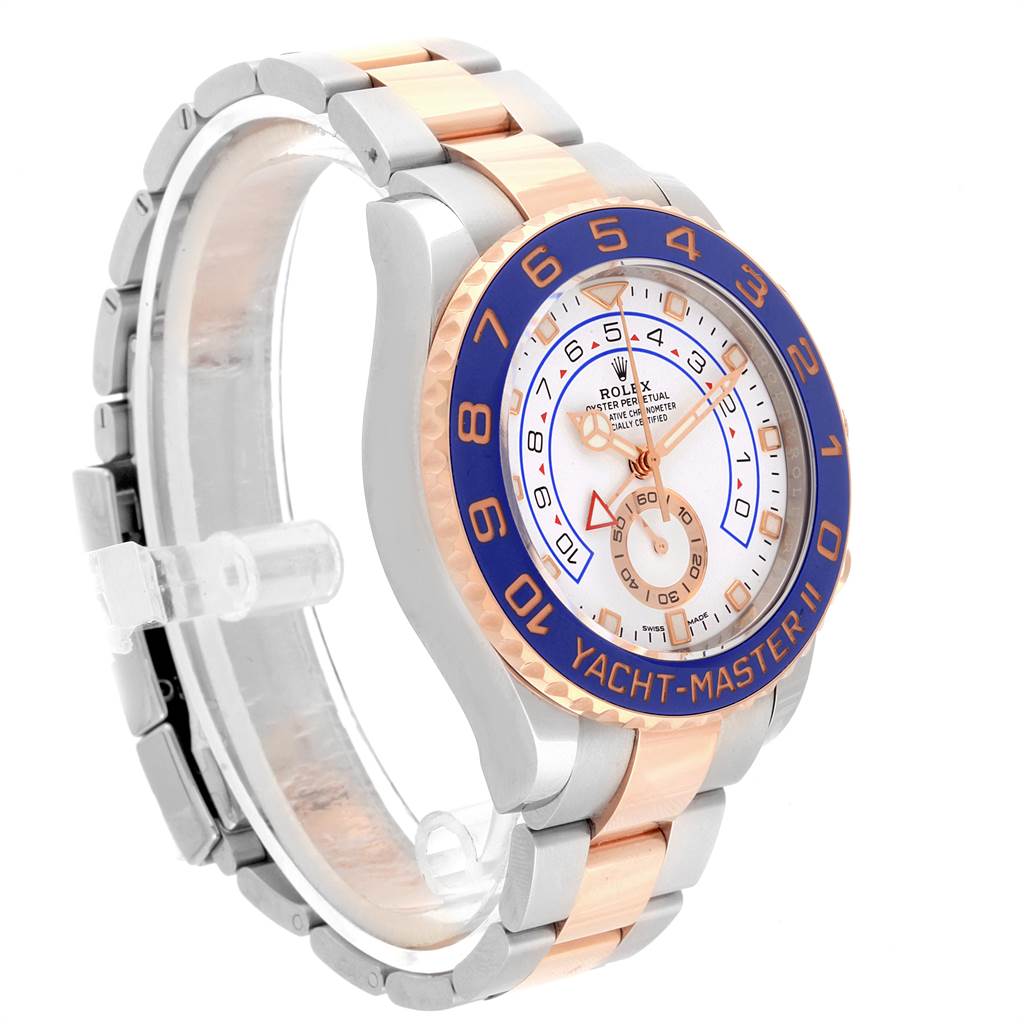 This image shows a Rolex Yacht-Master 116681 Men
s Steel and Gold (two tone) White Dial 116681 Men
s Steel and Gold (two tone) White Dial watch at a three-quarter angle, highlighting its face, bezel, and bracelet.