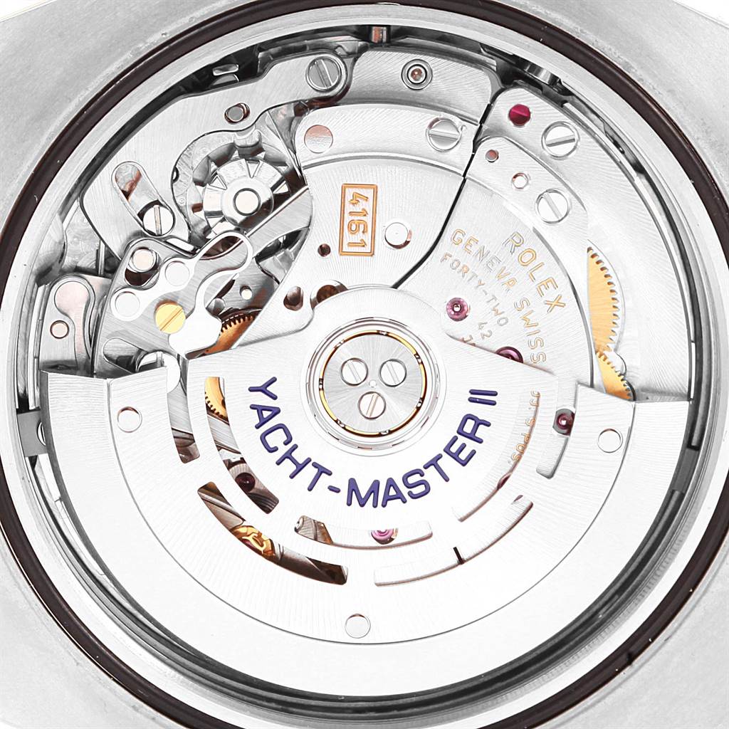 This image shows the intricate internal mechanism of a Rolex Yacht-Master 116681 Men
s Steel and Gold (two tone) White Dial 116681 Men
s Steel and Gold (two tone) White Dial II watch, viewed from the back.