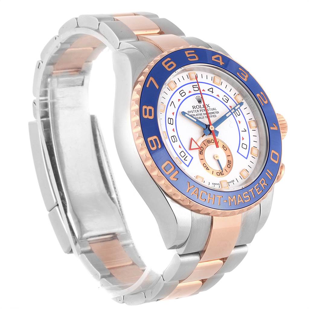 The image shows a Rolex Yacht-Master 116681 Men
s Steel and Gold (two tone) White Dial 116681 Men
s Steel and Gold (two tone) White Dial II watch at a three-quarter angle, highlighting the dial, bezel, and bracelet.