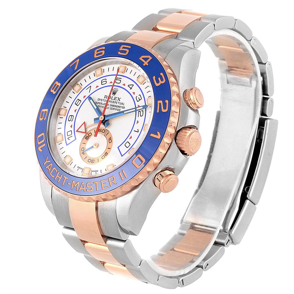 The Rolex Yacht-Master 116681 Men
s Steel and Gold (two tone) White Dial 116681 Men
s Steel and Gold (two tone) White Dial watch is shown at an angle, highlighting its face, bezel, crown, and bracelet.