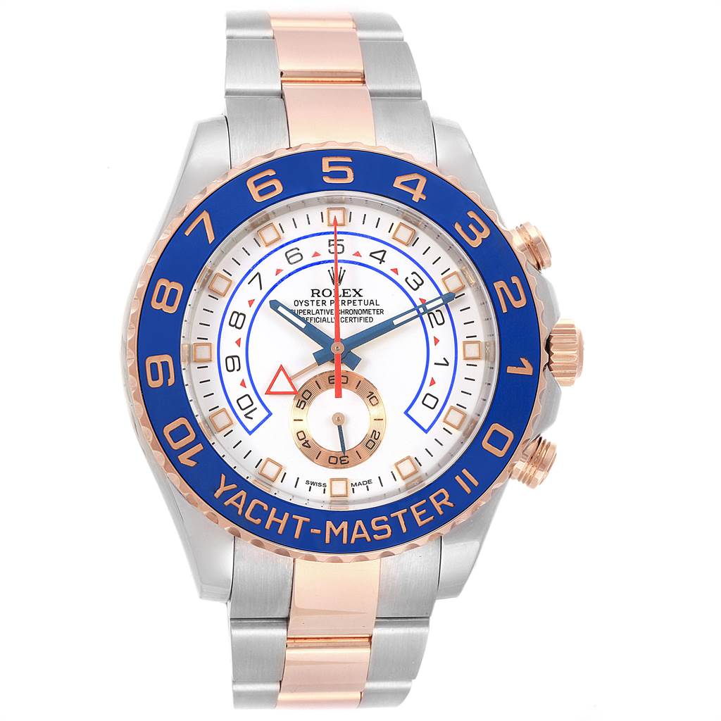The image shows a Rolex Yacht-Master 116681 Men
s Steel and Gold (two tone) White Dial 116681 Men
s Steel and Gold (two tone) White Dial II watch from a front view, highlighting its face, bezel, and bracelet.