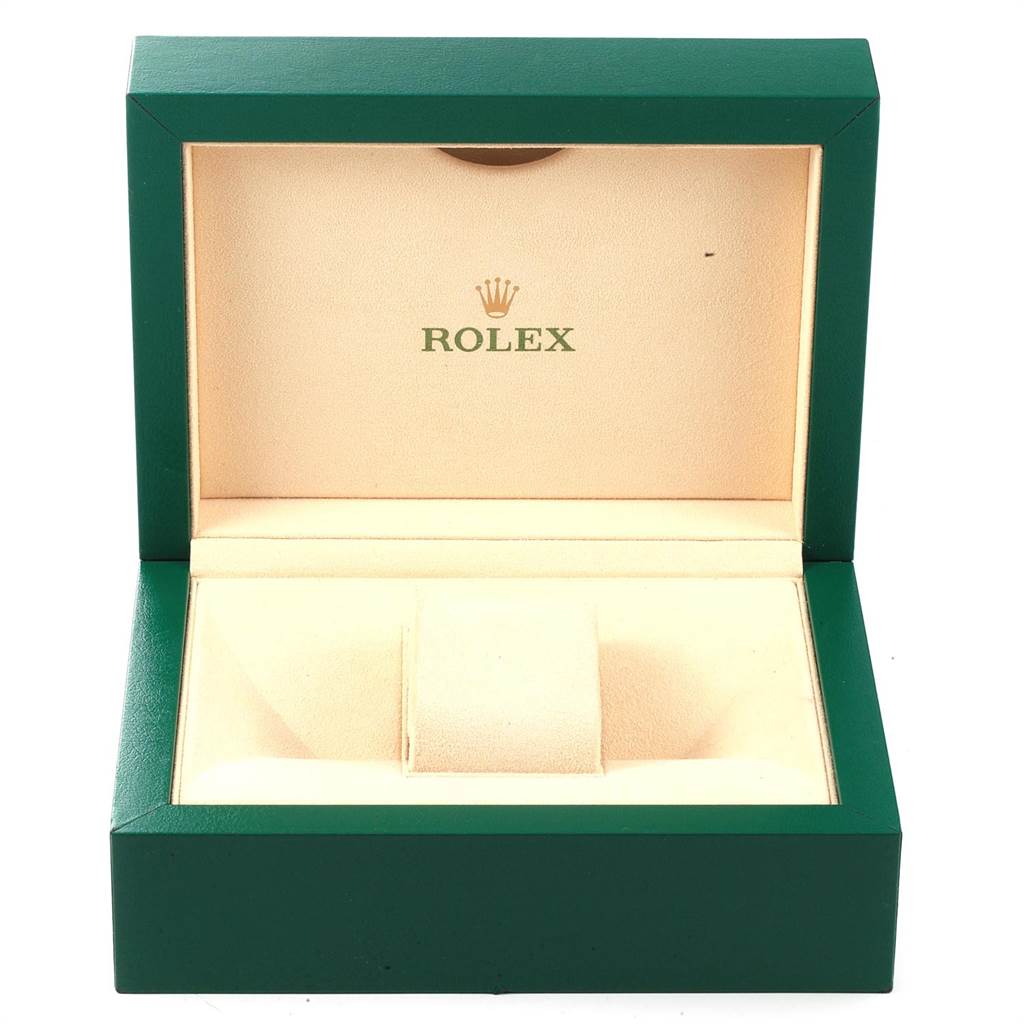 This image shows an open, empty Rolex Yacht-Master 116681 Men
s Steel and Gold (two tone) White Dial 116681 Men
s Steel and Gold (two tone) White Dial watch box from a front angle.