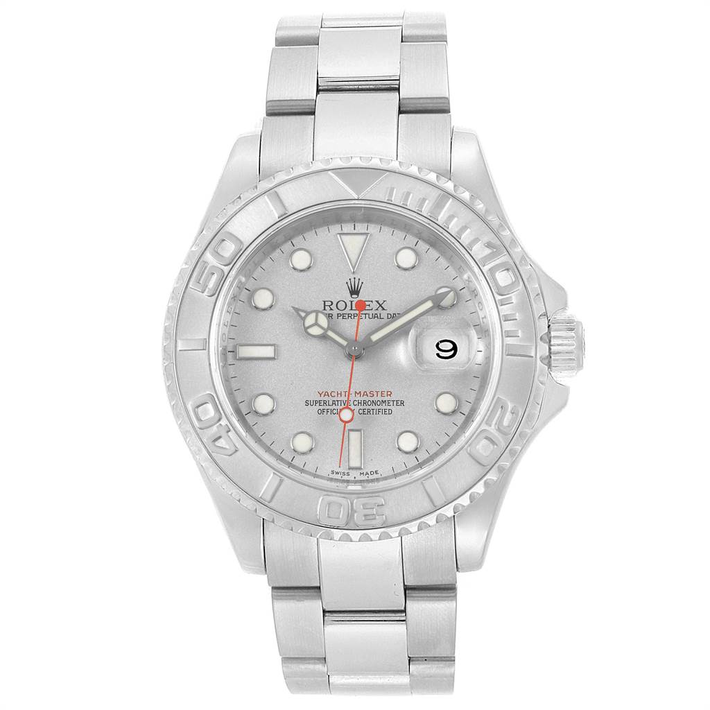 The image shows a front view of the Rolex Yacht-Master 16622 Men's Stainless Steel Silver Dial 16622 Men's Stainless Steel Silver Dial watch, displaying its face, bezel, and bracelet.