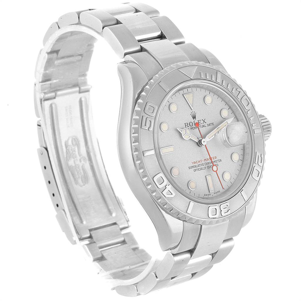 The image shows a Rolex Yacht-Master 16622 Men's Stainless Steel Silver Dial 16622 Men's Stainless Steel Silver Dial watch at a three-quarter angle, displaying the face, bezel, and bracelet.