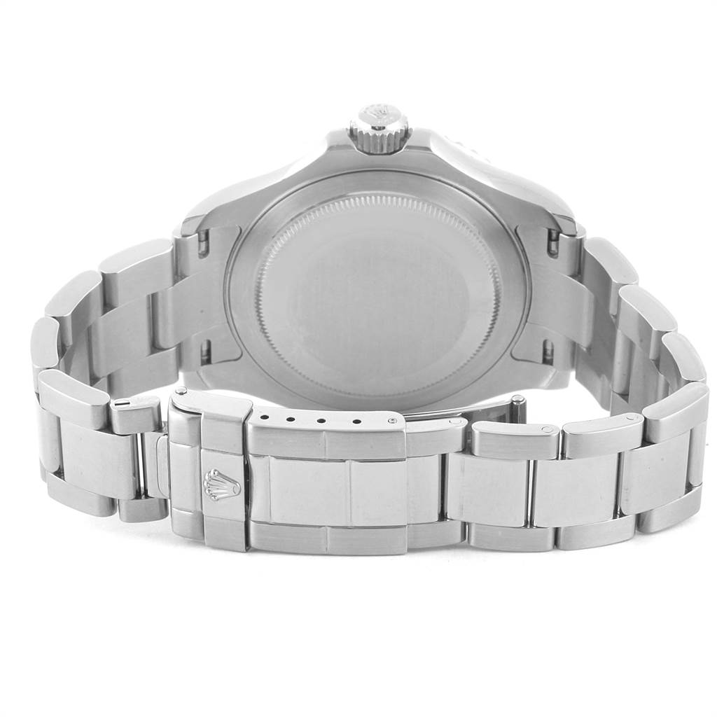 This image shows the backside and clasp of the Rolex Yacht-Master 16622 Men's Stainless Steel Silver Dial 16622 Men's Stainless Steel Silver Dial watch with its metal bracelet.