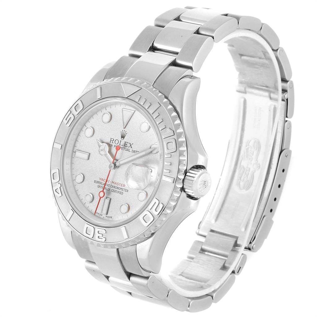 The image shows a Rolex Yacht-Master 16622 Men's Stainless Steel Silver Dial 16622 Men's Stainless Steel Silver Dial watch from a slight side angle, displaying the face, bezel, crown, and bracelet.