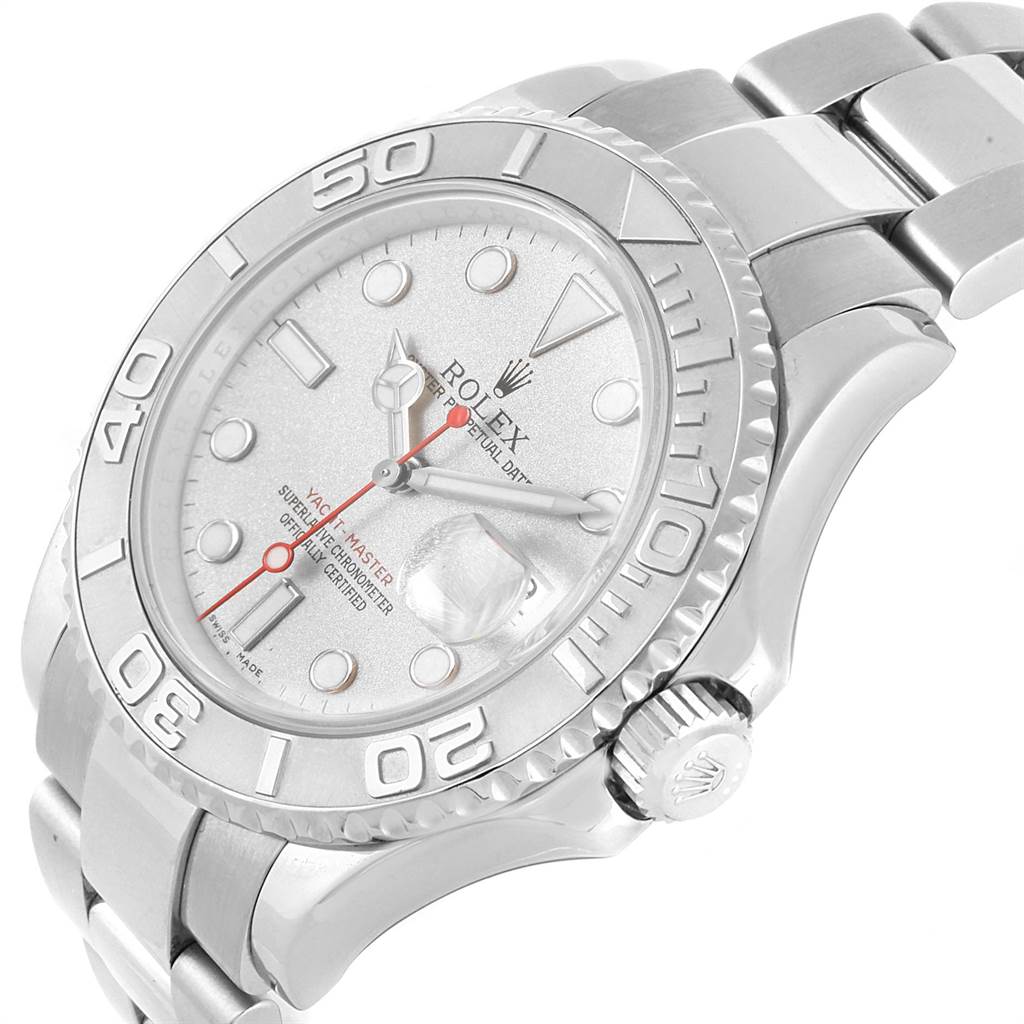 The image shows a Rolex Yacht-Master 16622 Men's Stainless Steel Silver Dial 16622 Men's Stainless Steel Silver Dial watch from a side angle, highlighting the face, bezel, and part of the bracelet.