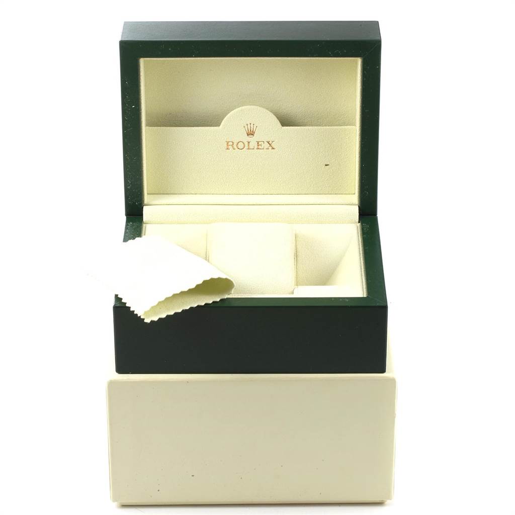 This image shows an open Rolex watch box for the Yacht-Master model, featuring a cleaning cloth inside.