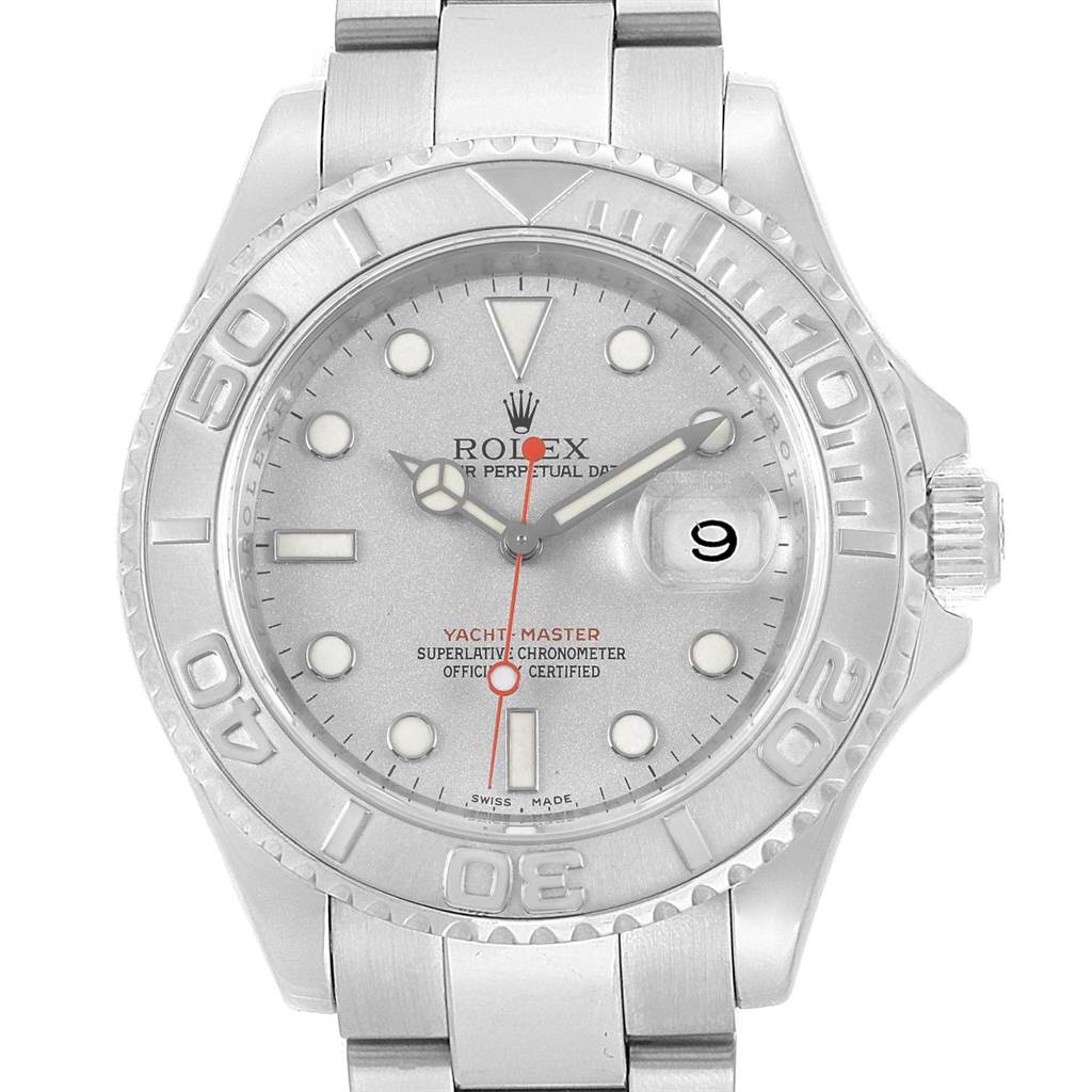 The image shows a front view of a Rolex Yacht-Master 16622 Men's Stainless Steel Silver Dial 16622 Men's Stainless Steel Silver Dial watch, displaying the dial, bezel, and part of the bracelet.