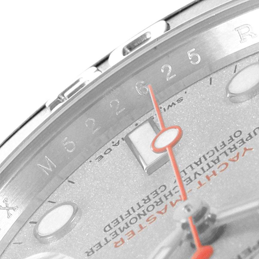 The image shows a close-up of the Rolex Yacht-Master 16622 Men's Stainless Steel Silver Dial 16622 Men's Stainless Steel Silver Dial watch dial from an oblique angle, highlighting the bezel, minute markers, and text.