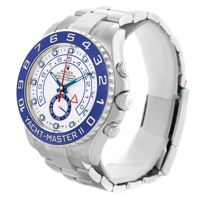 The Rolex Yacht-Master 116680 Men's Stainless Steel White Dial 116680 Men's Stainless Steel White Dial watch is shown at an angle displaying its face, bezel, crown, and bracelet.