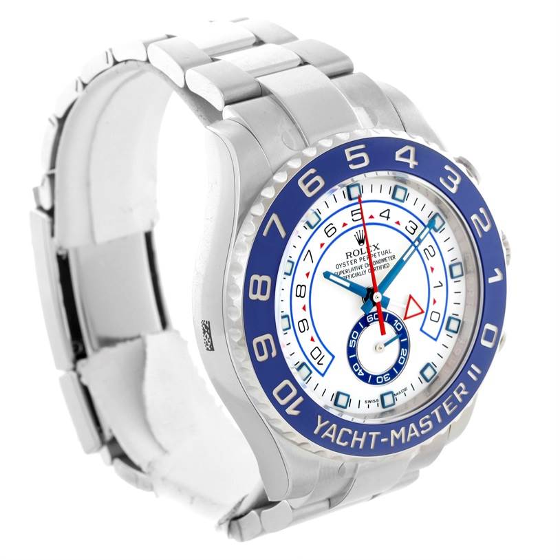 The image shows the front and side angle of a Rolex Yacht-Master 116680 Men's Stainless Steel White Dial 116680 Men's Stainless Steel White Dial watch, highlighting its bezel, dial, and bracelet.