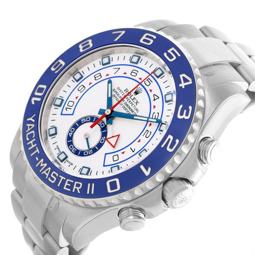 The image shows a Rolex Yacht-Master 116680 Men's Stainless Steel White Dial 116680 Men's Stainless Steel White Dial model watch from a 3/4 angle, highlighting its face, bezel, and side buttons.
