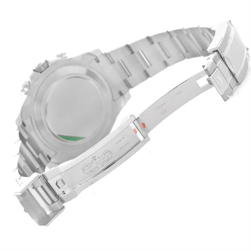 The image shows the clasp and backside of the Rolex Yacht-Master 116680 Men's Stainless Steel White Dial 116680 Men's Stainless Steel White Dial watch, showcasing the metal bracelet and engraved Rolex logo.